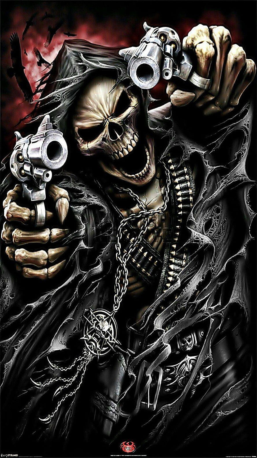 Grim Reaper Skeleton Holding Dual Revolvers With Bullet Belts And Pentagram Pendant HD phone wallpaper