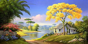 Serene Countryside Cottage by the Lake with Golden Tree and Flower Garden HD wallpaper