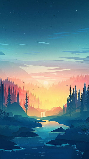 Stylized Digital Illustration of a Serene Mountain River at Sunset with Pine Forests and Starry Night Sky HD phone wallpaper
