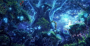 Magical Fairy in Glowing Blue Fantasy Forest with Bioluminescent Plants and Gears HD wallpaper
