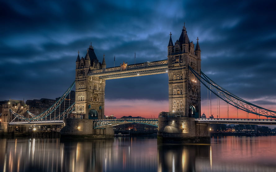 Tower Bridge London at Dusk with Dramatic Clouds and River Reflections HD wallpaper