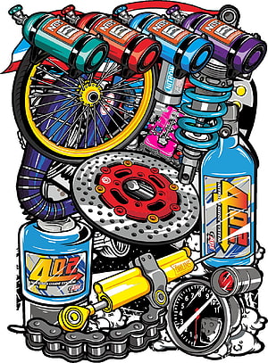Colorful Motorcycle Parts Illustration With Nitrous Oxide Tanks And Suspension HD phone wallpaper