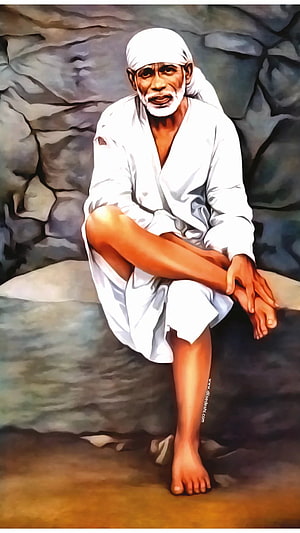 Sai Baba of Shirdi Seated Portrait in White Dhoti and Turban HD phone wallpaper