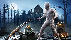 PUBG Mobile Halloween Mummy Event with Decorated AKM and Spiked Skull Helmet HD wallpaper