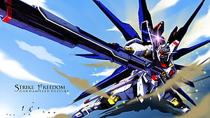 Strike Freedom Gundam from Gundam Seed Destiny in Dynamic Flight Pose HD wallpaper