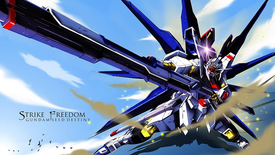 Strike Freedom Gundam from Gundam Seed Destiny in Dynamic Flight Pose HD wallpaper