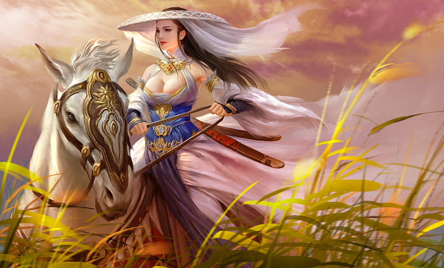 Elegant Fantasy Woman in Traditional Attire Riding a White Horse Through Golden Grass, Girl and Horse, horse, art, , girl, woman, digital, fantasy, pretty, hat HD wallpaper