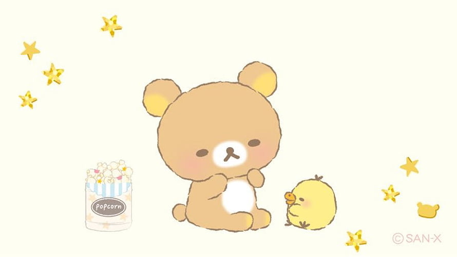 Rilakkuma and Korilakkuma with Popcorn and Stars on a Cream Background HD wallpaper