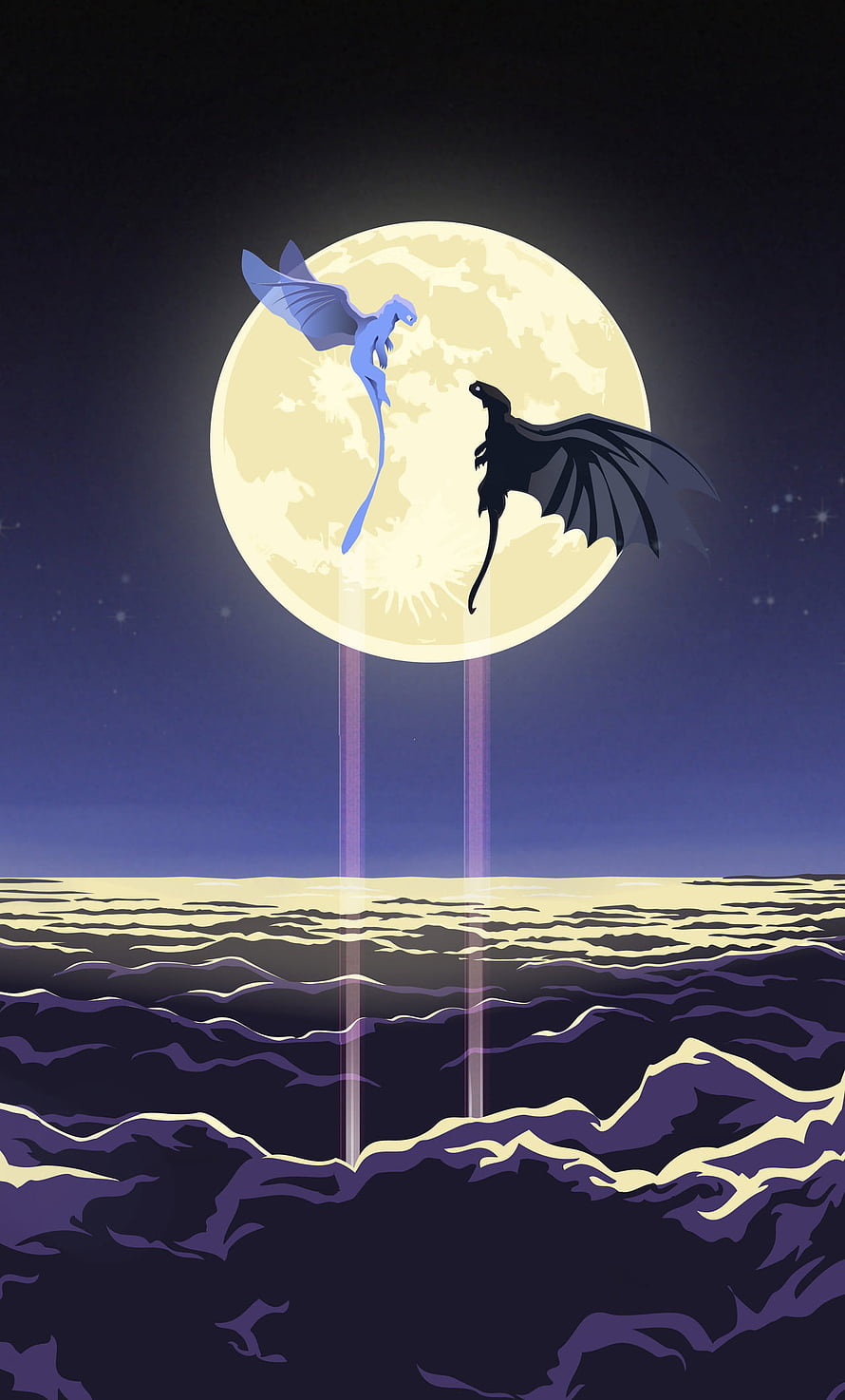 Two dragons flying in front of a giant full moon over a dark ocean at night HD phone wallpaper