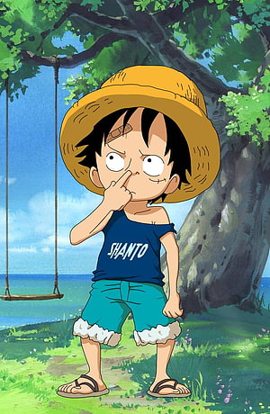 Young Monkey D. Luffy from One Piece Standing Under a Tree with Swing HD phone wallpaper