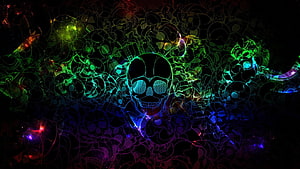 Neon Blue Skull Digital Art with Glowing Green and Purple Fractal Patterns on Dark Background HD wallpaper