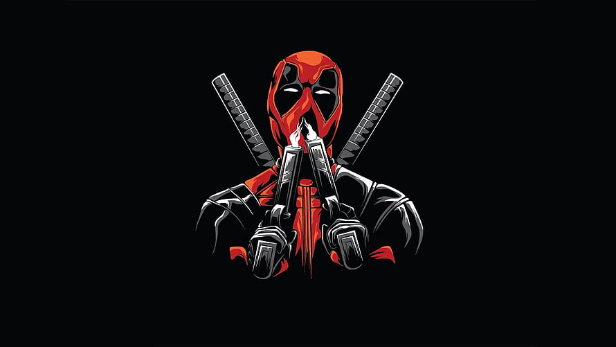 Deadpool Vector Illustration with Crossed Swords and Dual Pistols on Black Background HD wallpaper