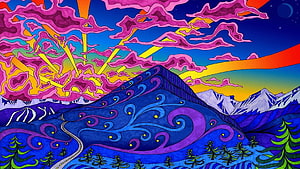 Vibrant Psychedelic Mountain Landscape with Swirling Clouds and Retro Sunset HD wallpaper