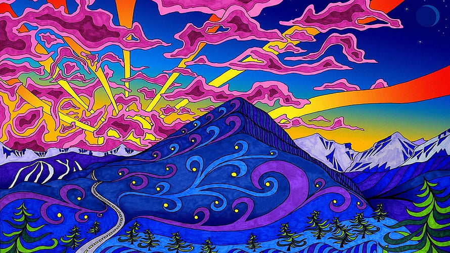 Vibrant Psychedelic Mountain Landscape with Swirling Clouds and Retro Sunset HD wallpaper