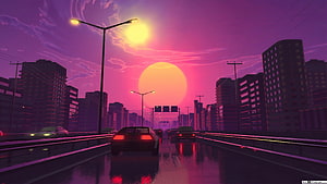 Neon Sunset City Highway Retro Wave Aesthetic Wallpaper HD wallpaper