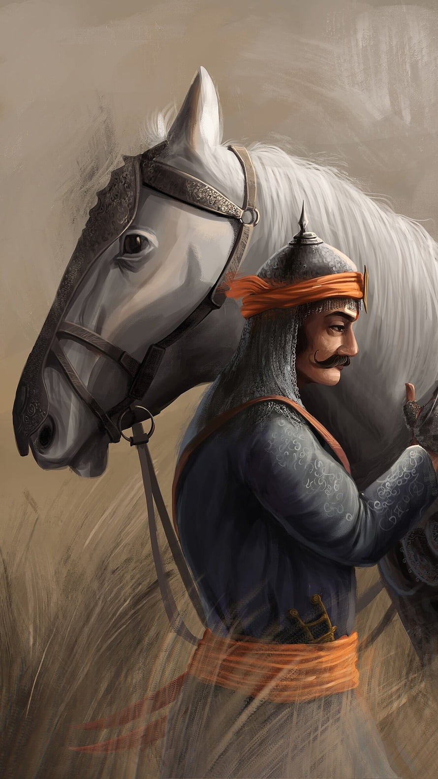 Portrait of a medieval warrior with a white horse, wearing chainmail armor and an orange sash HD phone wallpaper