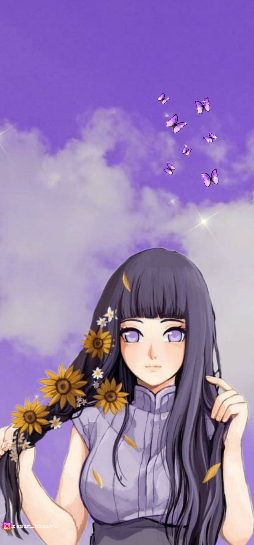 Hinata Hyuga from Naruto with Sunflowers and Purple Butterflies in a Dreamy Sky HD phone wallpaper