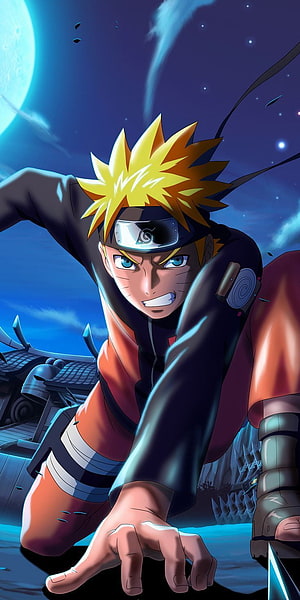 Naruto Uzumaki in Action Pose Under a Full Moon with Hidden Leaf Headband HD phone wallpaper