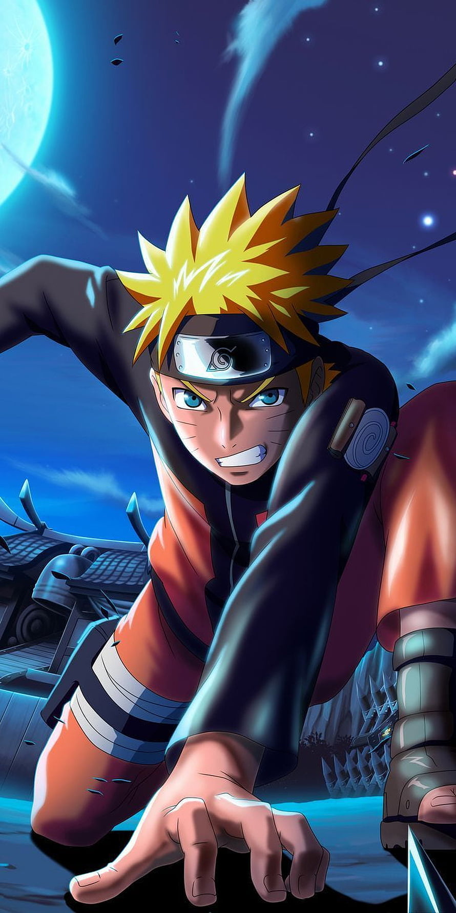 Naruto Uzumaki in Action Pose Under a Full Moon with Hidden Leaf Headband HD phone wallpaper
