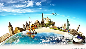 Global Landmarks Collage on a Miniature Earth with Travel and Tourism Theme HD wallpaper