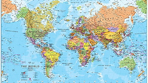 Detailed Political World Map Showing Countries, Oceans, and Continents in Color HD wallpaper