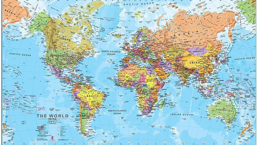 Detailed Political World Map Showing Countries, Oceans, and Continents in Color HD wallpaper