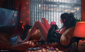 WLOP Anime Girl Gaming on Bed with Laptop and Controller in Cozy Room HD wallpaper