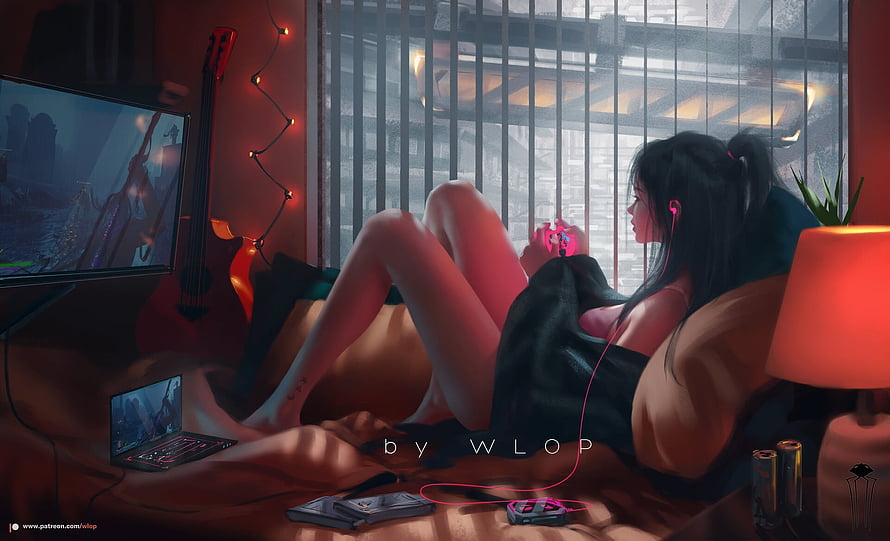 WLOP Anime Girl Gaming on Bed with Laptop and Controller in Cozy Room HD wallpaper