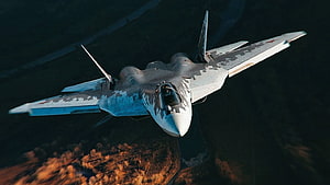 Su-57 Felon Stealth Fighter Jet in Digital Camouflage Flying Over Terrain HD wallpaper