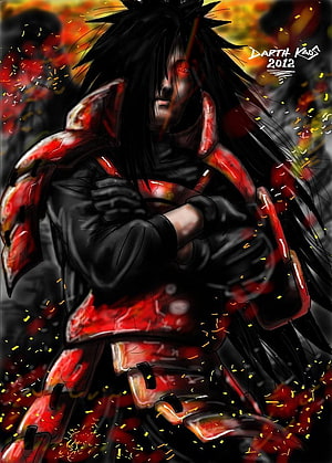 Madara Uchiha in Akatsuki Cloak with Glowing Red Eyes and Fiery Sparks HD phone wallpaper