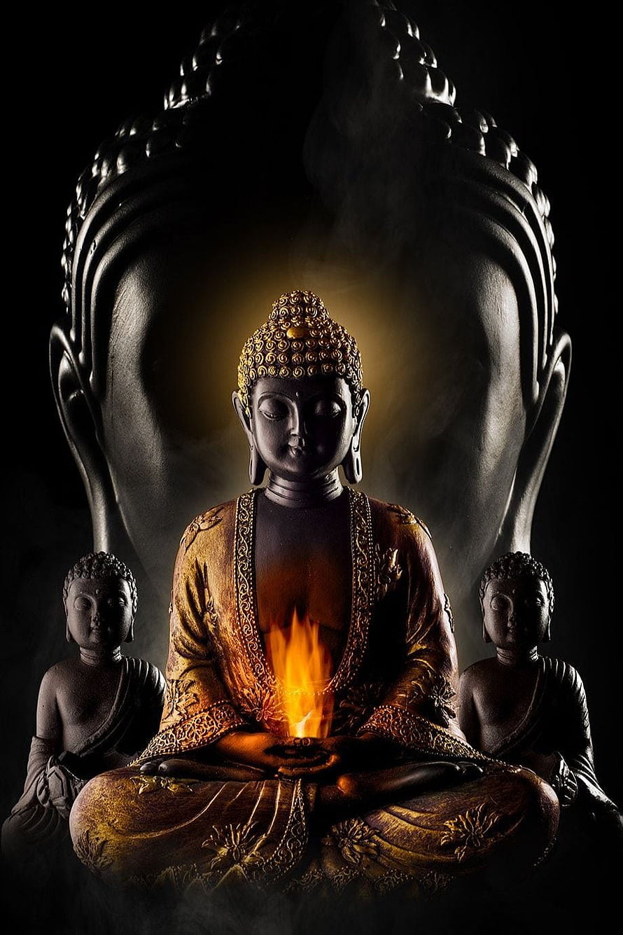 Mystical Buddha Statue with Inner Fire and Giant Shadow Head Background HD phone wallpaper