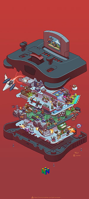Nintendo Switch Exploded View Artwork Featuring Retro Gaming Scenes and Characters HD phone wallpaper