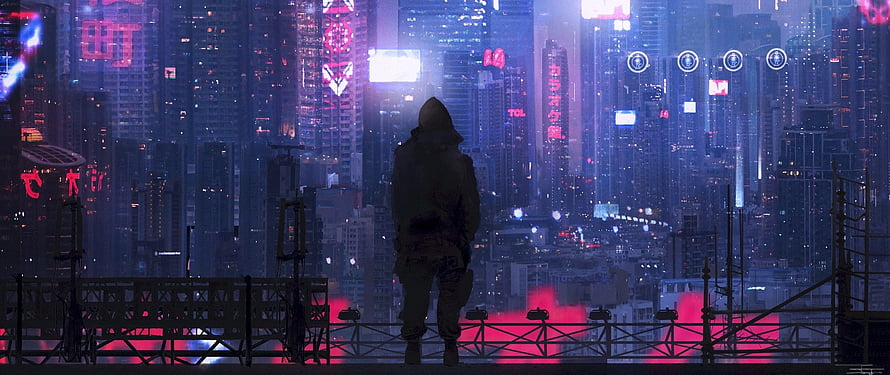 Cyberpunk 2077 V Looking Over Neon City Skyline at Night HD wallpaper