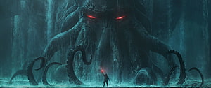 Giant Cthulhu Monster With Red Eyes Facing A Lone Warrior In Dark Ocean HD wallpaper