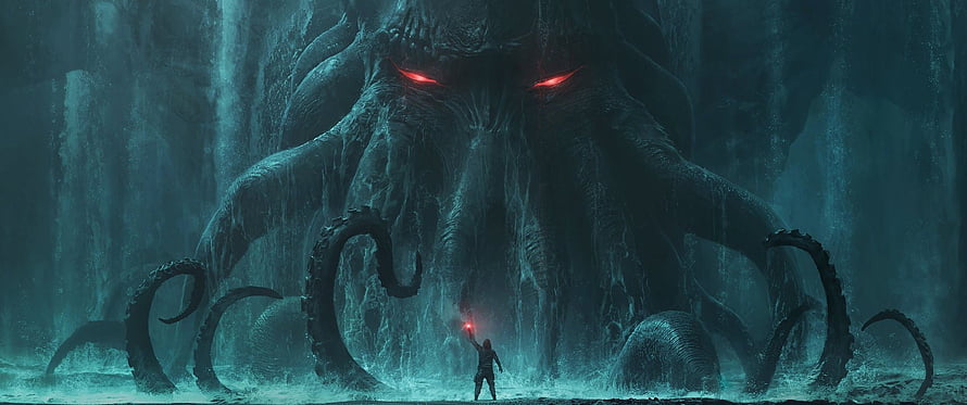 Giant Cthulhu Monster With Red Eyes Facing A Lone Warrior In Dark Ocean HD wallpaper