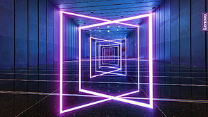 Futuristic Neon Light Tunnel with Geometric Frames and Reflective Floor HD wallpaper