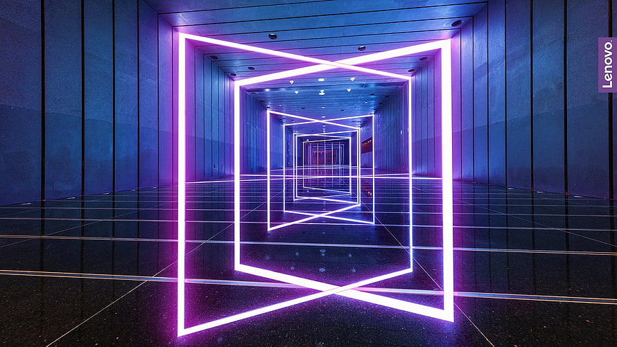 Futuristic Neon Light Tunnel with Geometric Frames and Reflective Floor HD wallpaper