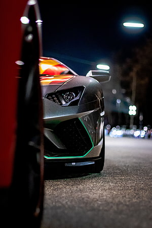 Matte Grey Lamborghini Aventador Front View at Night with Green Underglow HD phone wallpaper