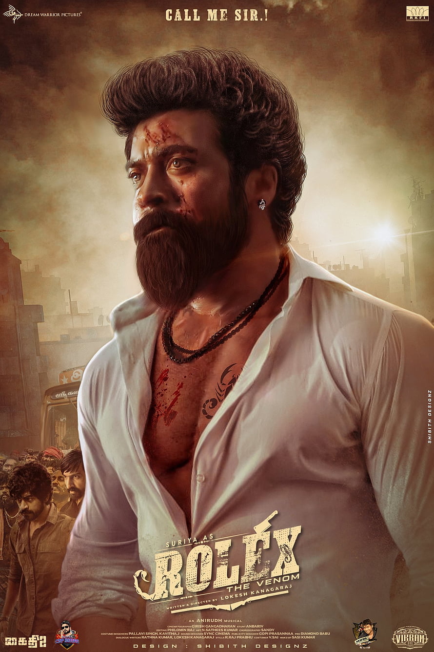 Suriya as Rolex in The Venom movie poster, intense bearded character with blood and tattoo HD phone wallpaper