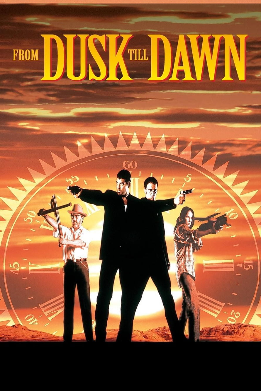From Dusk Till Dawn Movie Poster with Armed Characters Silhouetted Against a Giant Clock and Sunset Sky HD phone wallpaper