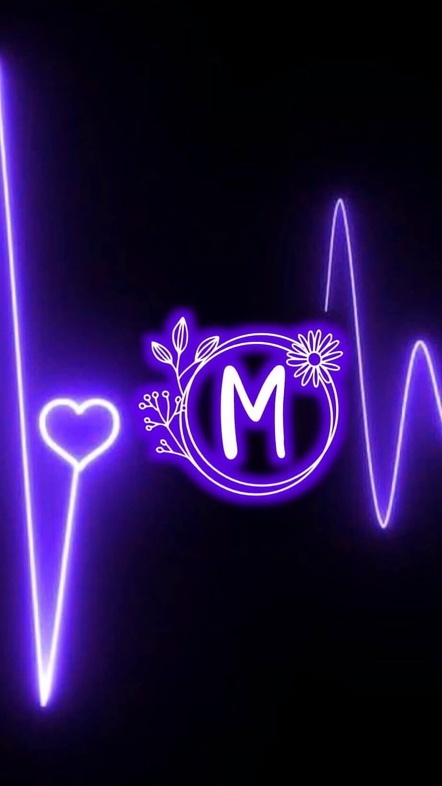 Purple Neon M Monogram with Floral Wreath, Heart, and EKG Line on Black Background HD phone wallpaper