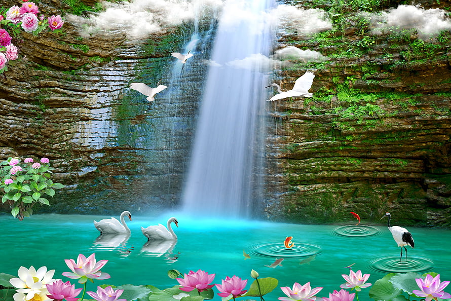 Serene Waterfall Scene With Swans, Lotus Flowers, and Flying Birds in a Lush Green Gorge HD wallpaper
