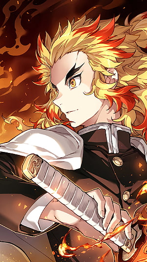 Kyojuro Rengoku from Demon Slayer Wielding Sword Amidst Flames HD phone wallpaper