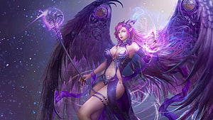 Purple Winged Fantasy Sorceress with Glowing Staff and Dark Wings HD wallpaper