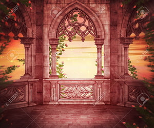 Gothic stone archway with climbing roses overlooking a golden sunset seascape HD wallpaper