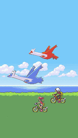 Pixel Art Pokemon Cyclists With Flying Latias And Latios HD phone wallpaper