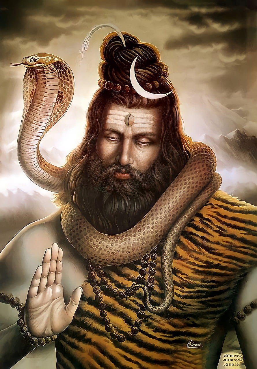 Lord Shiva Digital Art Portrait with Cobra and Tiger Skin HD phone wallpaper