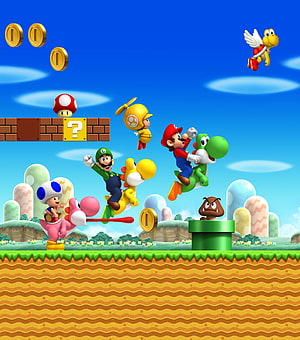 Super Mario Bros. 3D Art Featuring Mario, Luigi, Toad, Yoshi, and Koopa Troopa in a Classic Level HD phone wallpaper