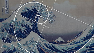 The Great Wave off Kanagawa by Hokusai with Fibonacci Spiral Overlay HD wallpaper