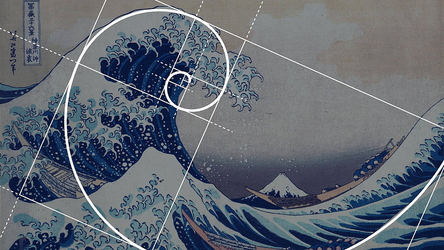 The Great Wave off Kanagawa by Hokusai with Fibonacci Spiral Overlay HD wallpaper